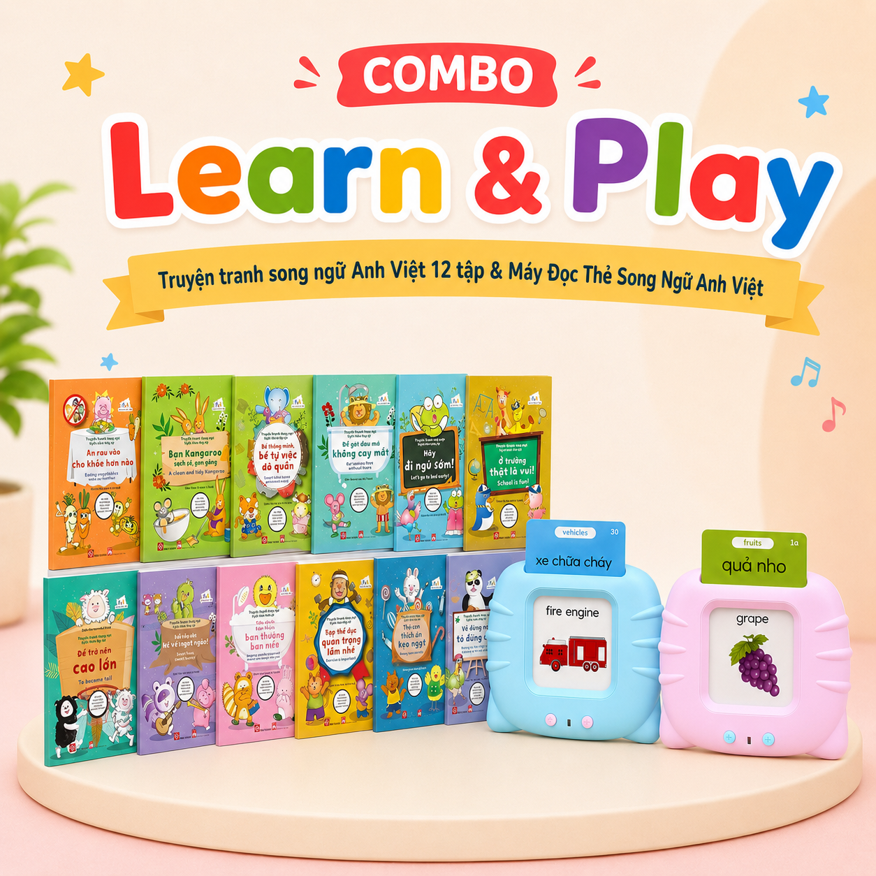 COMBO Learn & Play - Truyện Tranh Song Ngữ 12 Tập & Máy Đọc Thẻ Anh Việt cho bé