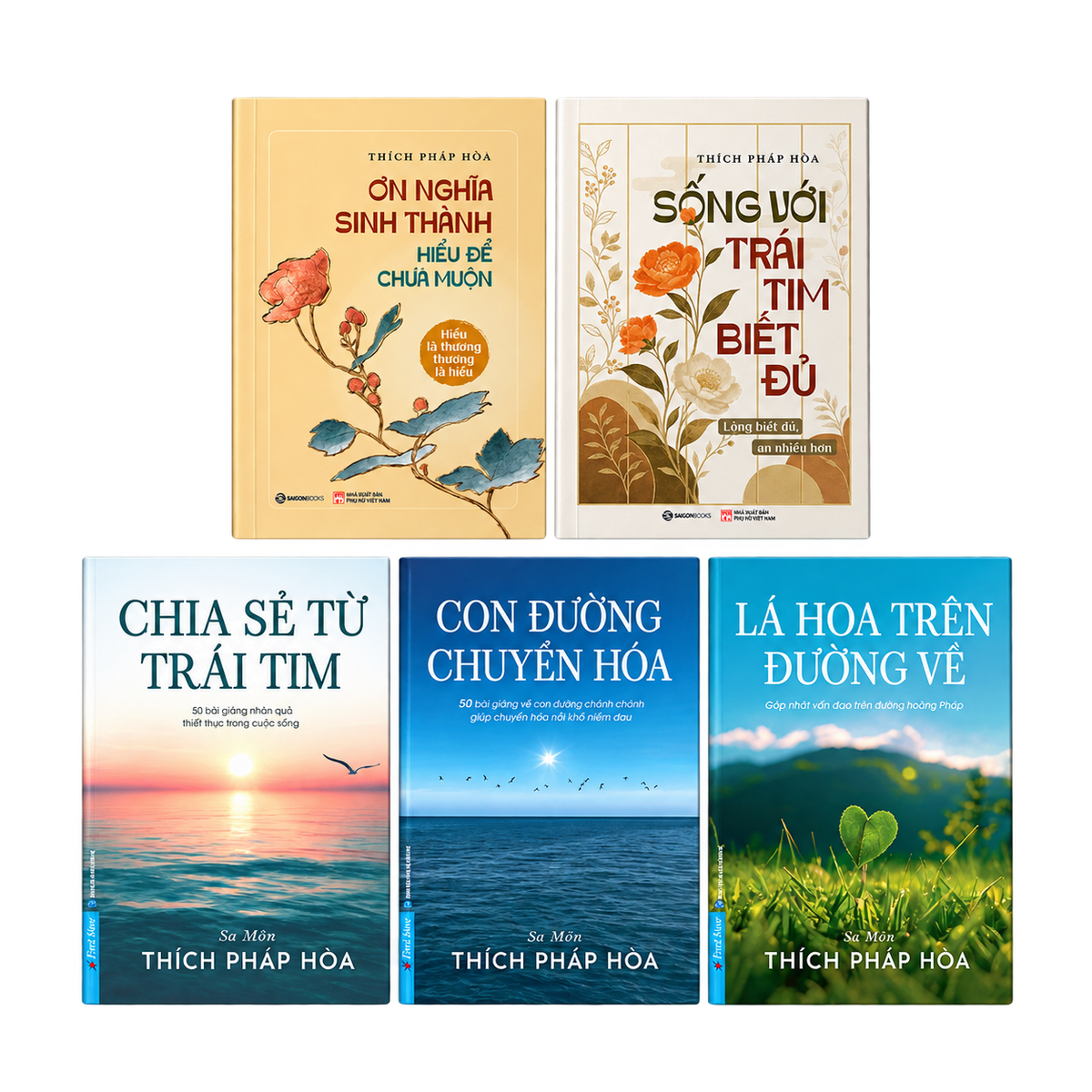Combo 5 sách Thích Pháp Hòa gồm Ơn Nghĩa Sinh Thành, Sống Với Trái Tim Biết Đủ, Chia Sẻ Từ Trái Tim, Con Đường Chuyển Hóa và Lá Hoa Trên Đường Về