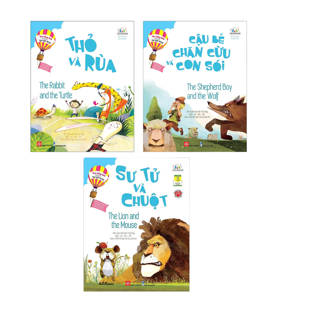 [Pre-order] Combo Học Tiếng Anh cùng truyện ngụ ngôn song ngữ: Thỏ và Rùa + Cậu bé chăn cừu và con sói + Sư tử và chuột