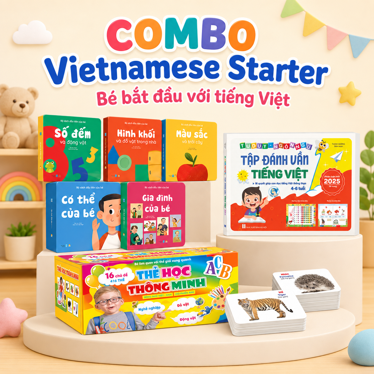 Combo Vietnamese Starter: 5 sách đầu tiên, Tập Đánh Vần Tiếng Việt và bộ flashcard song ngữ 416 thẻ